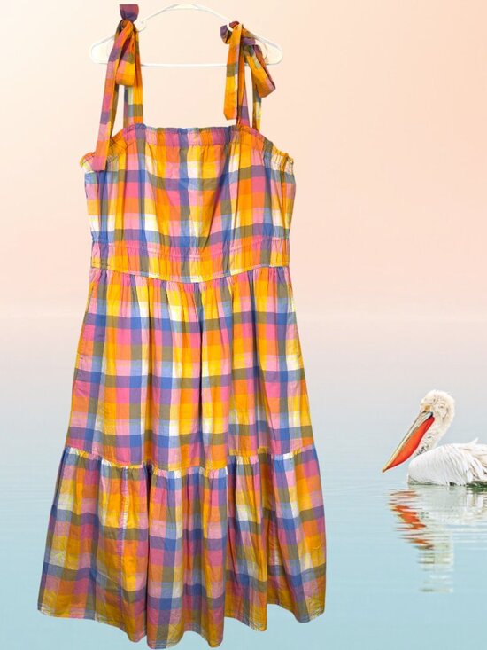Free Assembly Dresses & Skirts - Free Assembly XXL Cotton Pastel Plaid Tiered Sundress Tie Straps Lined Pockets